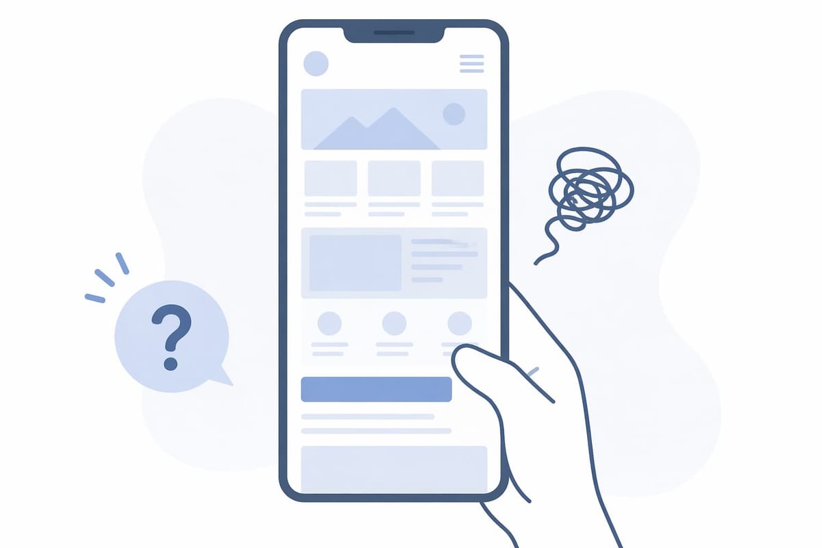 手に持ったスマートフォンに詰まったレイアウトのページが表示され、横に「？」の吹き出しと、もつれた線が描かれたイラスト